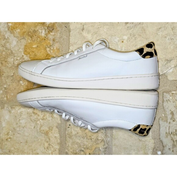 Kate Spade New York Keds White Leather Leopard Trim Lace Up‎ Sneakers Women Sz 8 - Picture 4 of 7